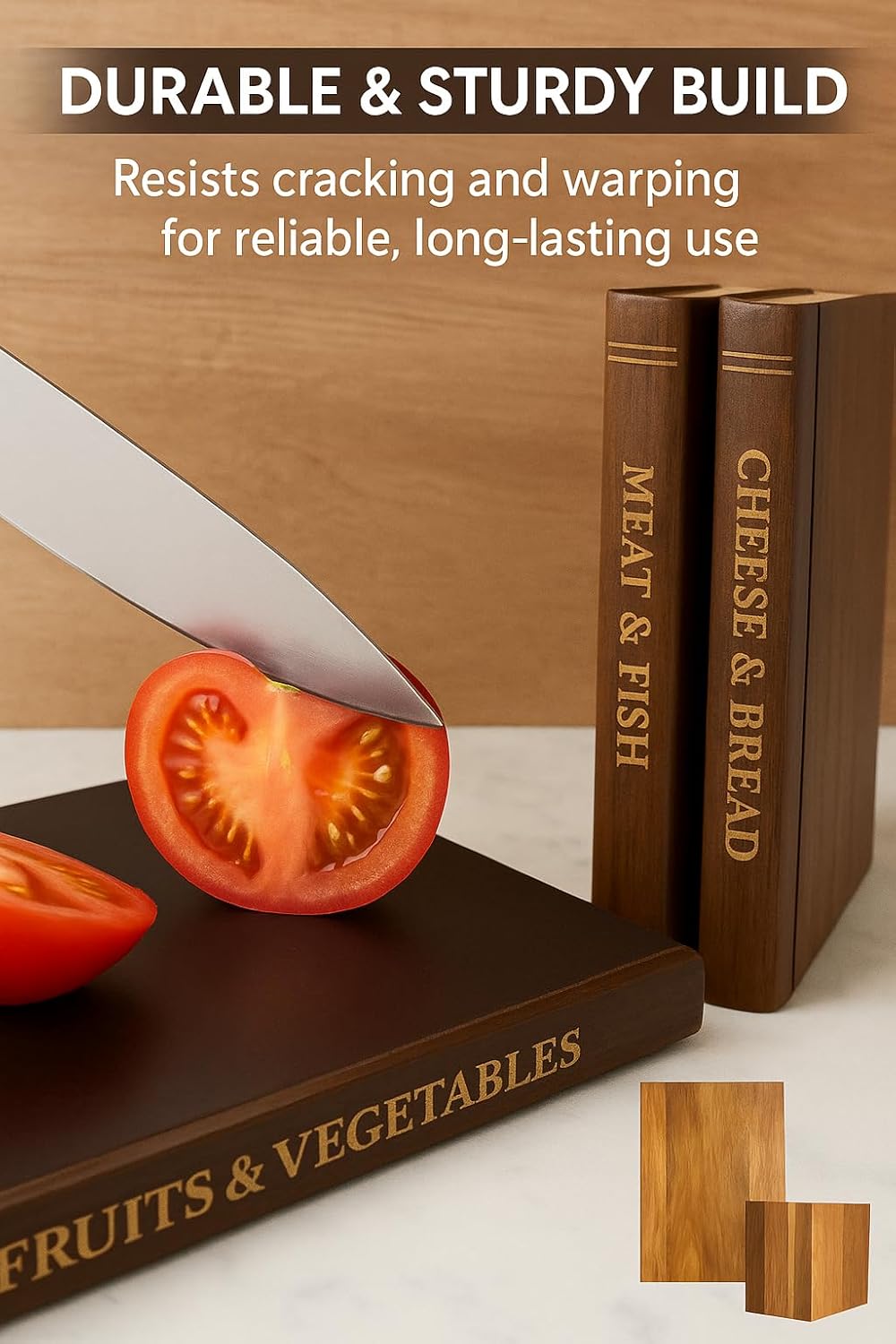 Bookshelf Cutting Board Set - Solid Acacia Wood - Stand Included
