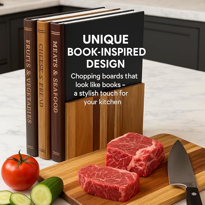 Bookshelf Cutting Board Set - Solid Acacia Wood - Stand Included